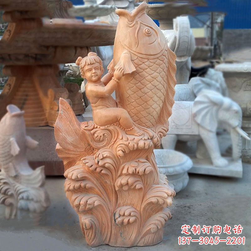 信阳大型喷水鲤鱼景观雕塑-晚霞红石雕动物喷泉