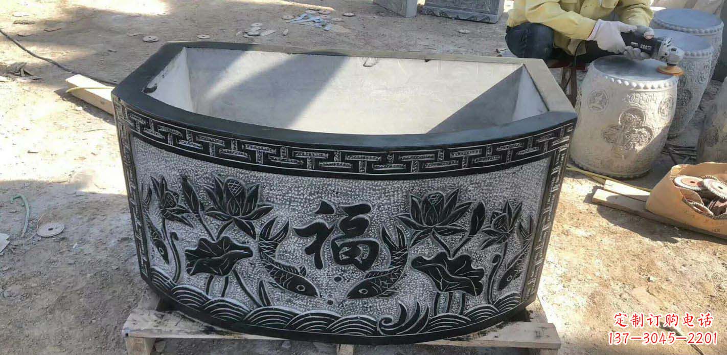 信阳精致方口石浮雕水缸雕塑