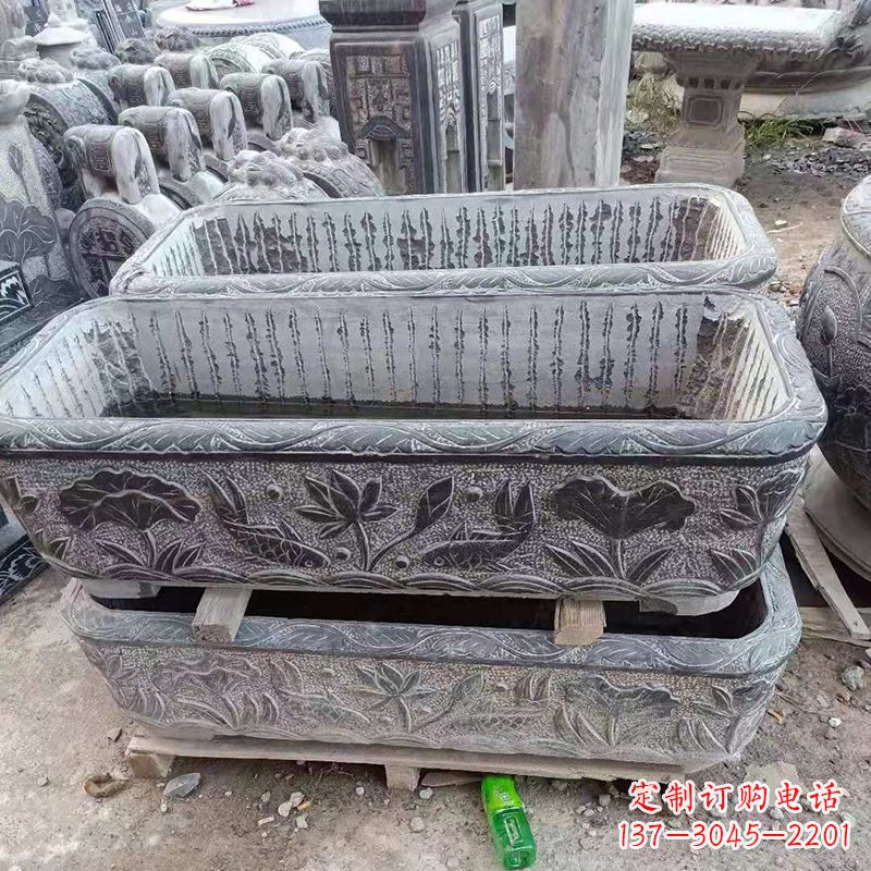 信阳方形石槽雕塑,打造完美家庭养鱼石缸