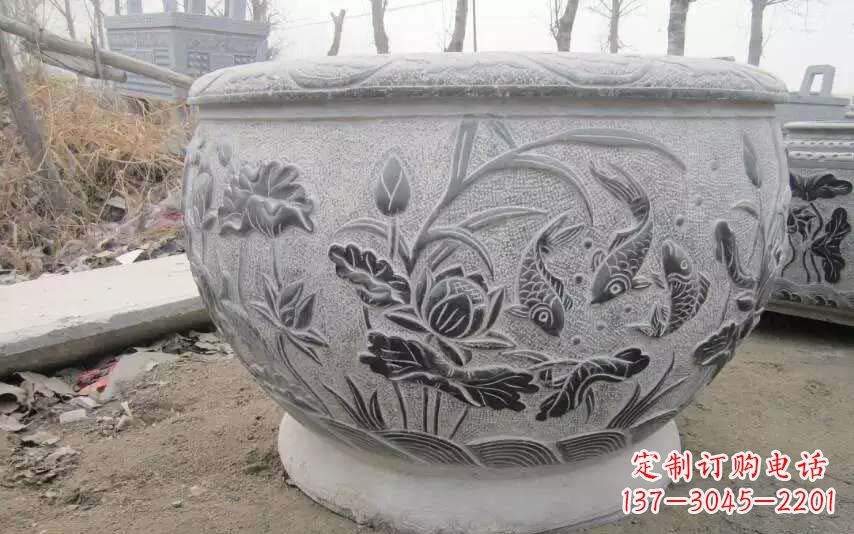 信阳仿古雕刻鲤鱼石浮雕水缸