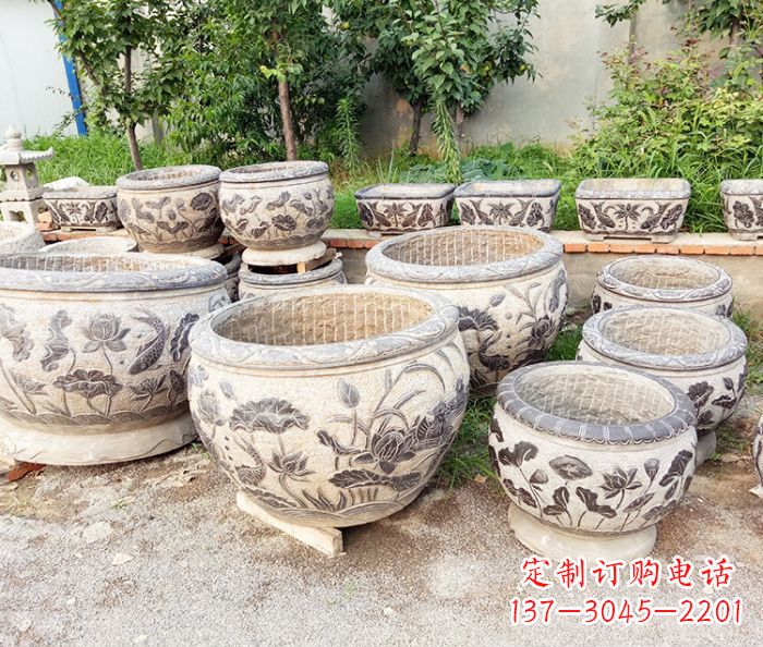 信阳仿古石雕鲤鱼浮雕水缸