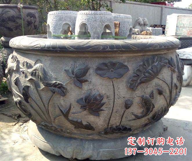 信阳精美仿古荷花鲤鱼浮雕石水缸