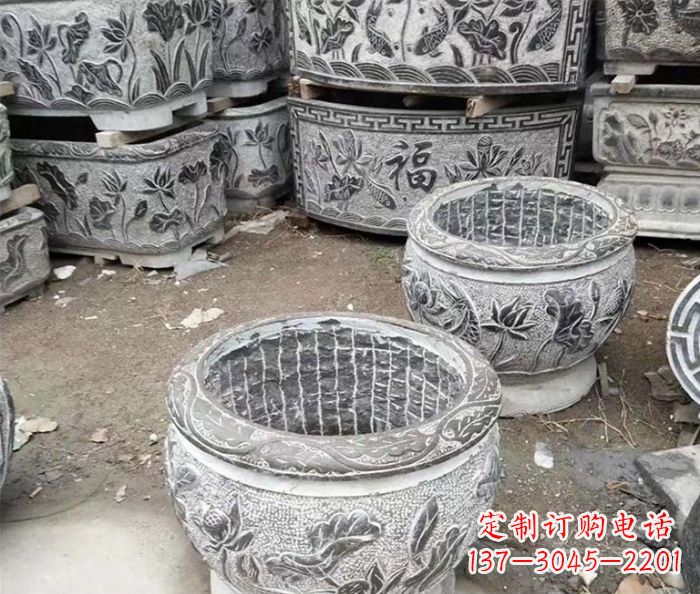 信阳仿古荷花石浮雕水缸塑像