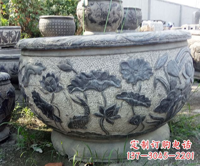 信阳中领雕塑仿古荷花石浮雕水缸