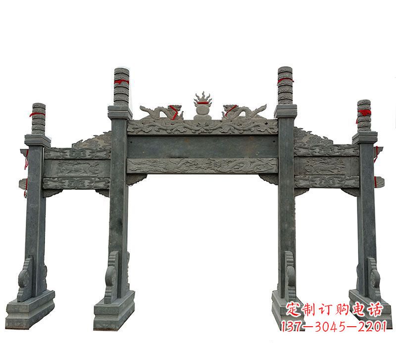 信阳仿古三门大理石牌坊石雕 (2)