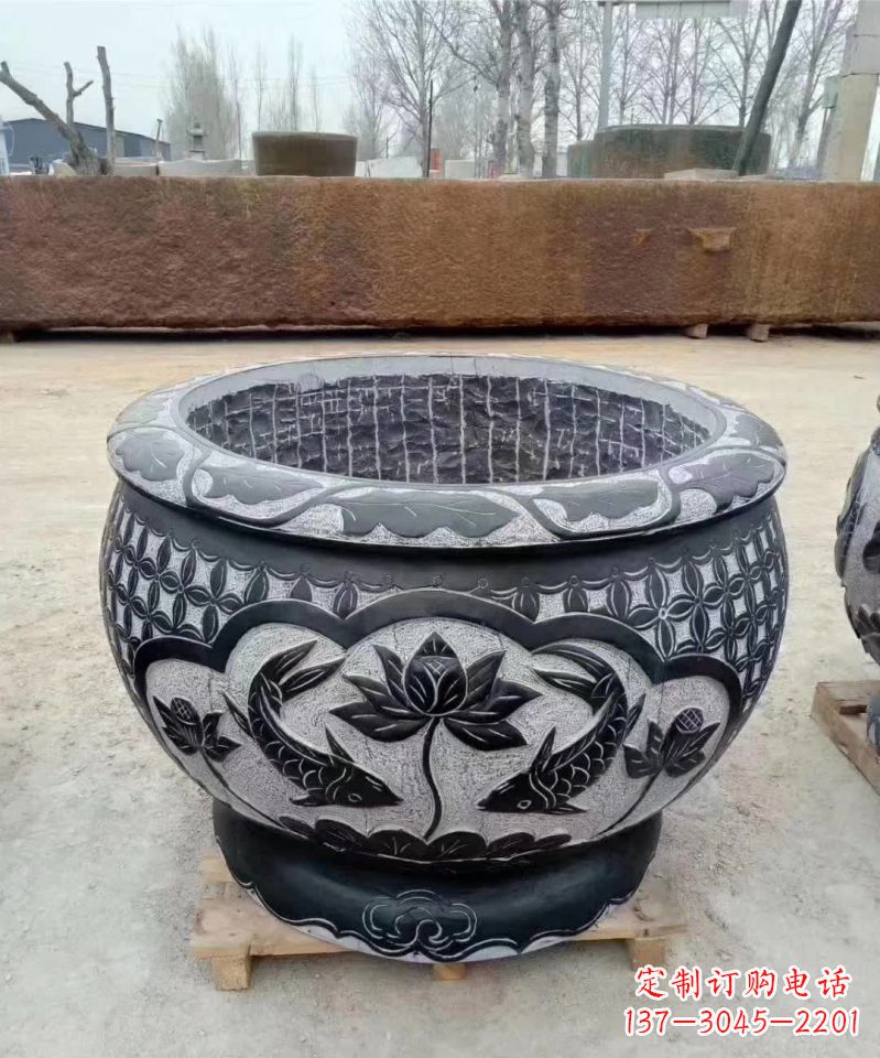 信阳仿古石雕荷花鲤鱼水缸