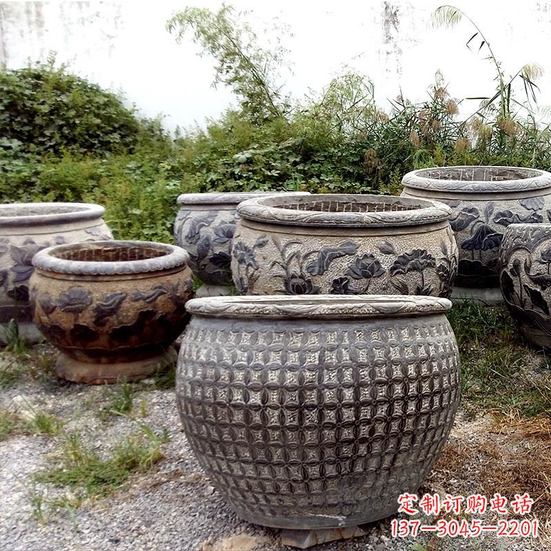 信阳仿古石雕花盆水缸——精美艺术家品