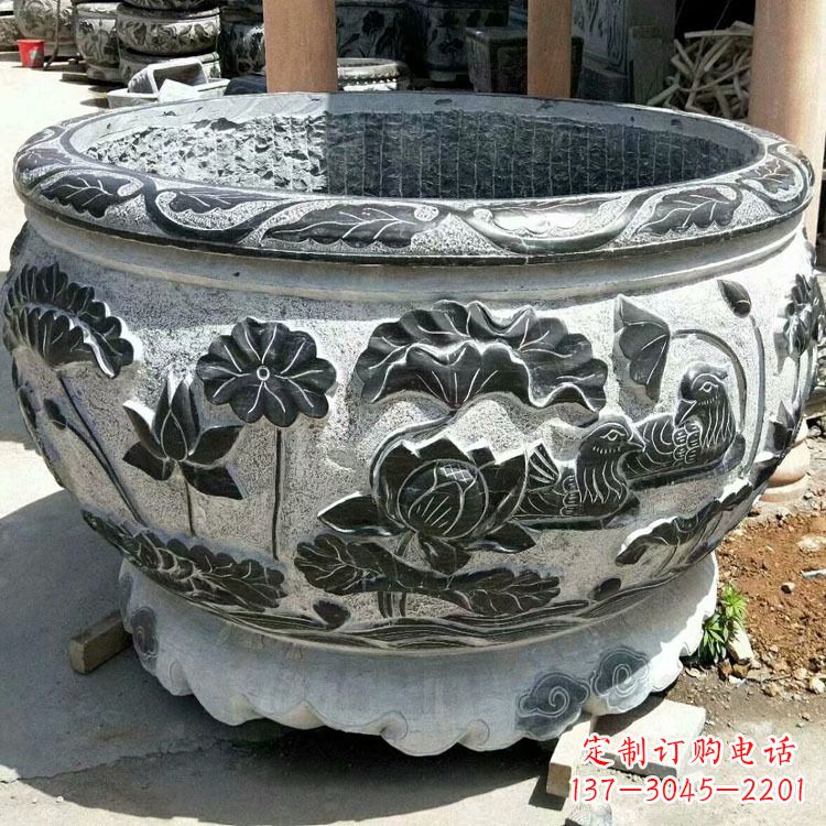 信阳极致精细仿古圆形鱼缸石雕
