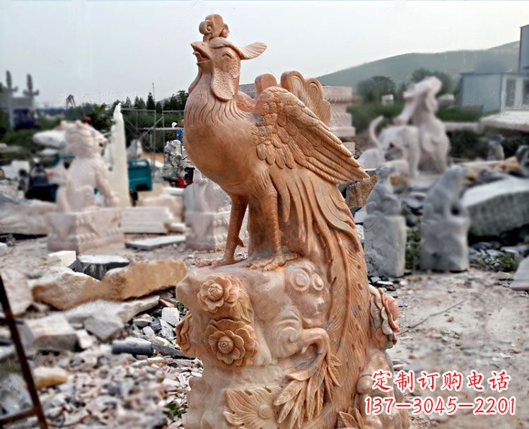 信阳凤凰牡丹晚霞红石雕神兽动物雕塑