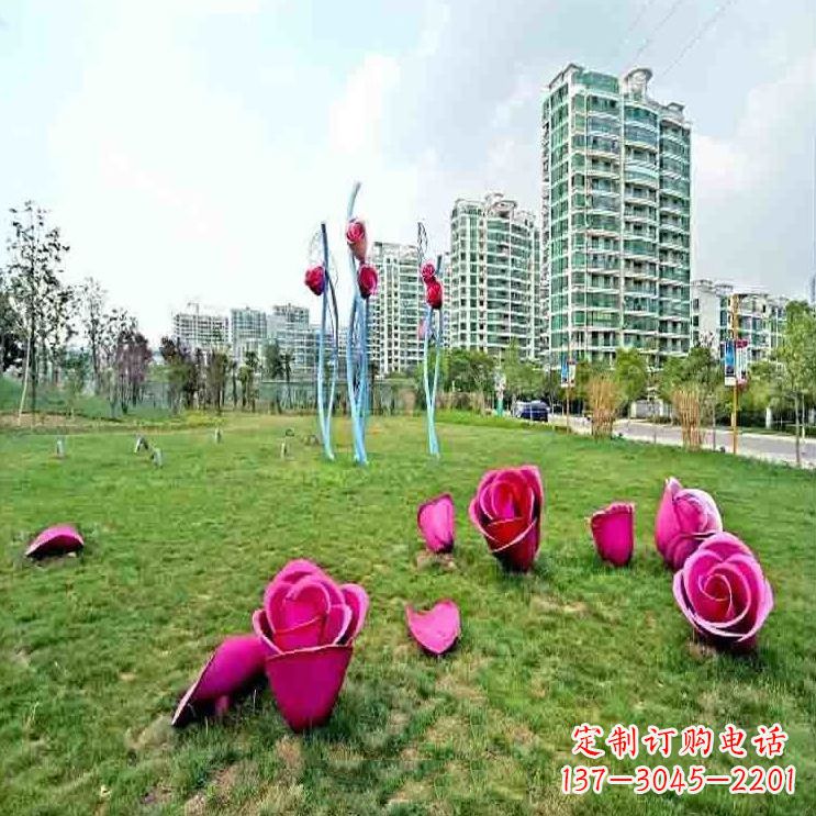 信阳公园草坪不锈钢玫瑰装饰花朵雕塑