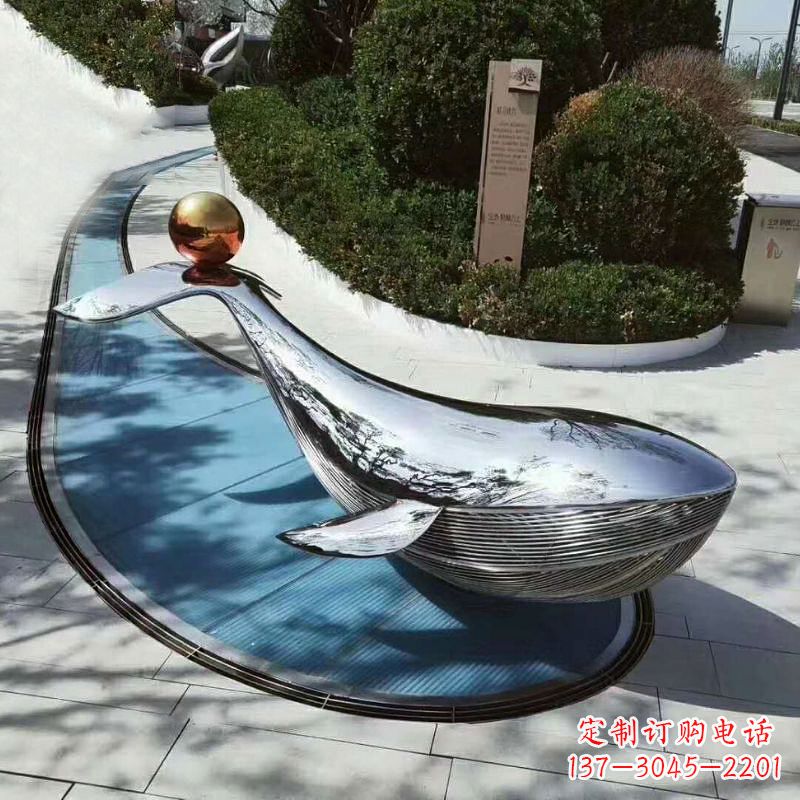 信阳公园大型鲸鱼景观雕塑摆件-不锈钢镜面动物雕塑