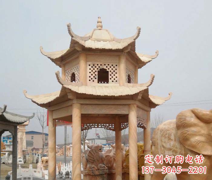 信阳红双层六角石凉亭雕塑