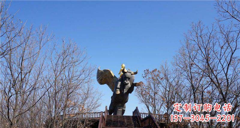信阳精美铜雕雕塑——可爱小男孩站在飞牛上