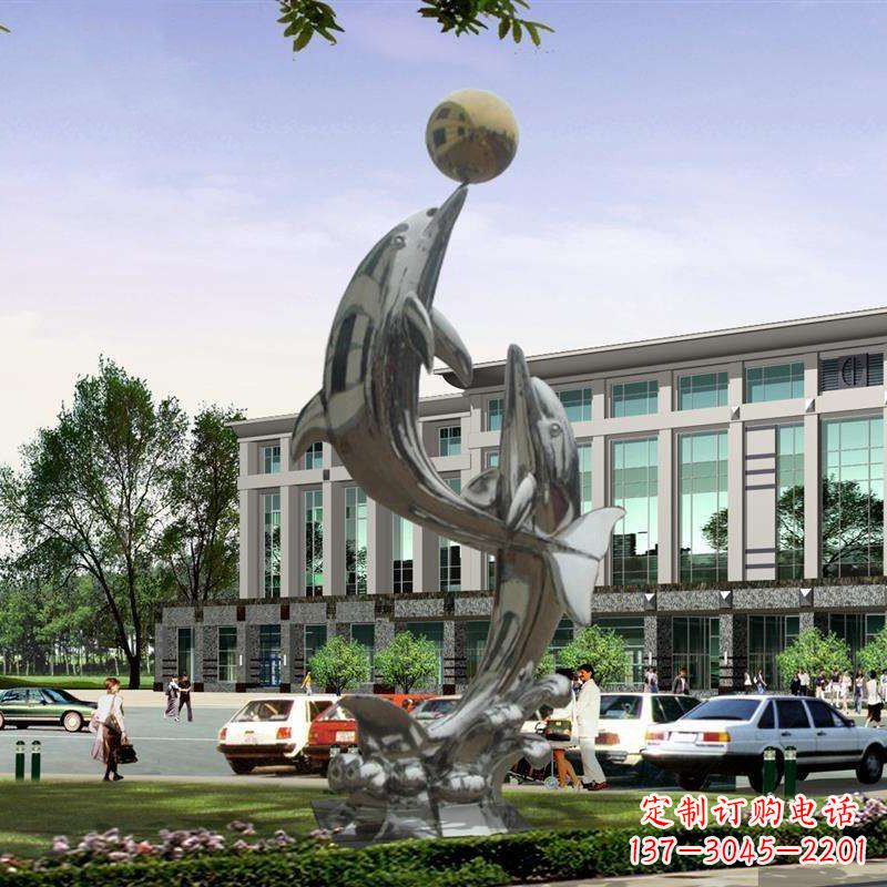 信阳不锈钢海豚戏球雕塑，营造清新海岸风情