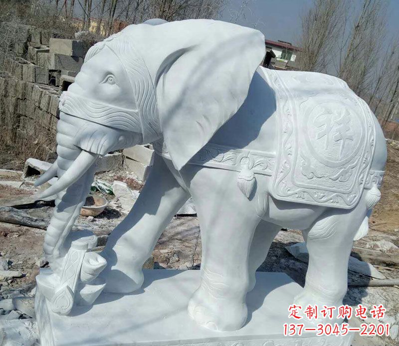 信阳汉白玉吉祥门口鼻卷如意大象石雕