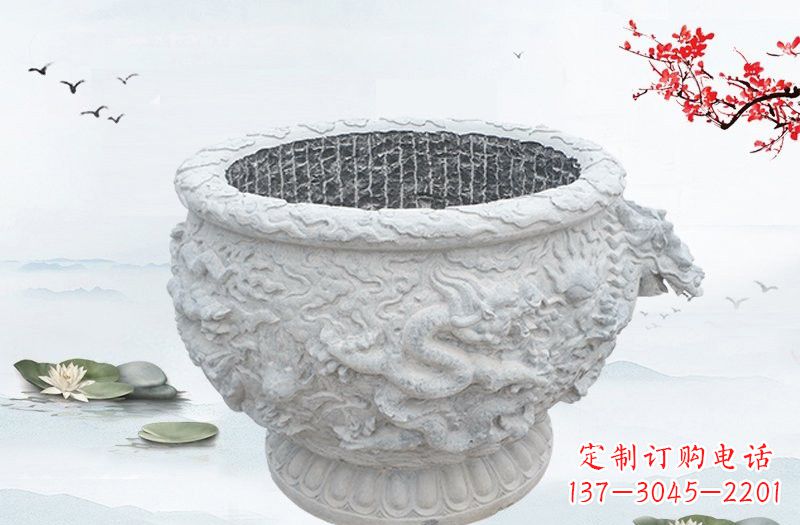 信阳汉白玉龙浮雕水缸,传承传统经典