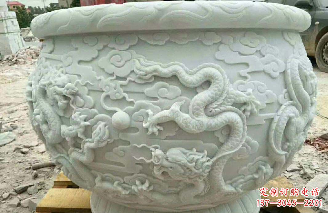 信阳汉白玉龙浮雕水缸雕塑