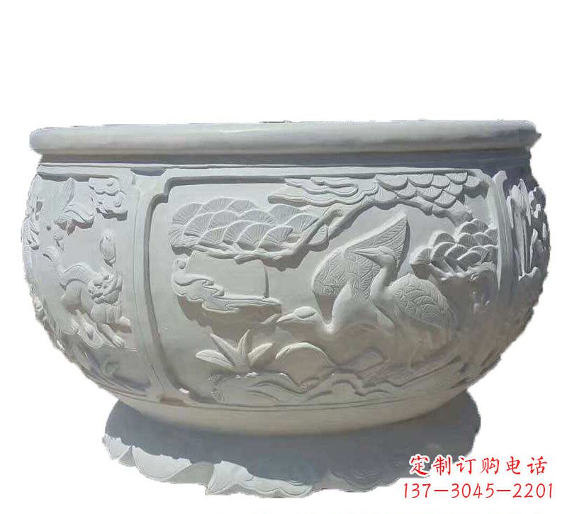 信阳汉白玉松鹤延年浮雕水缸
