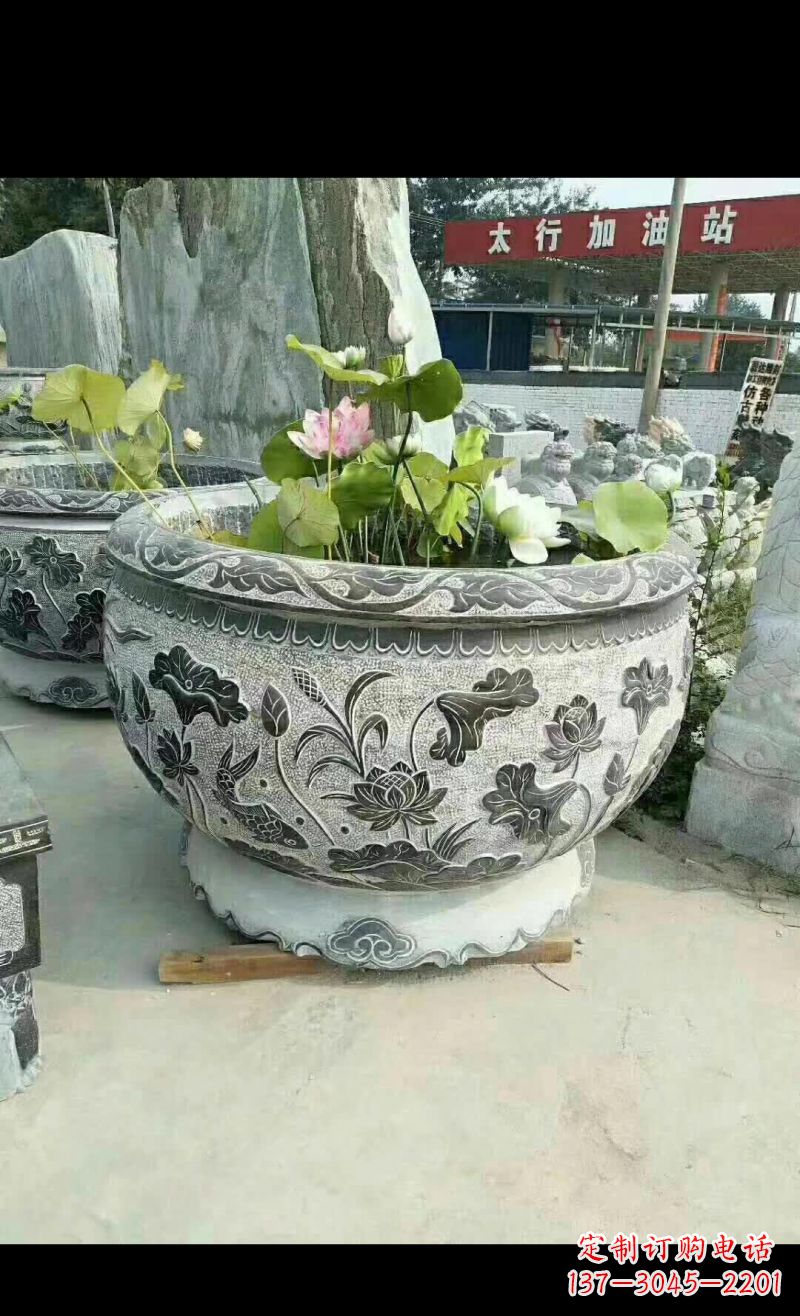 信阳精美荷花鲤鱼石浮雕水缸
