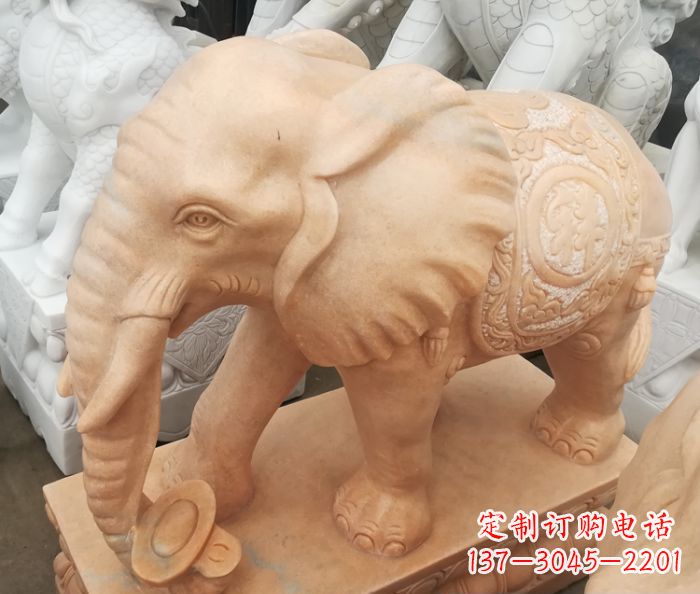 信阳晚霞红门口石雕大象,美景祝福福气