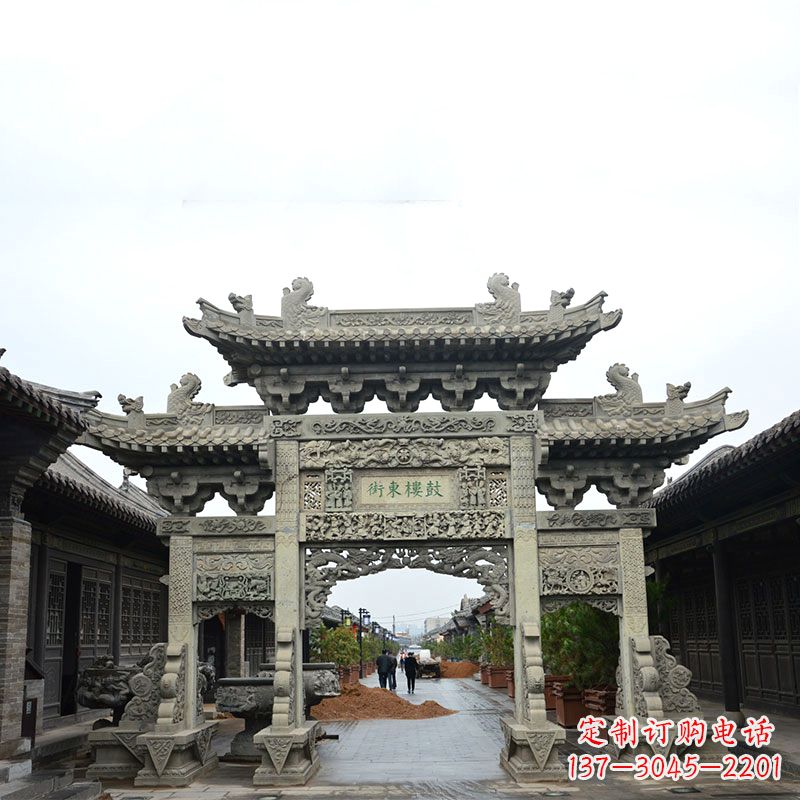 信阳特色街道三门石雕牌楼雕塑