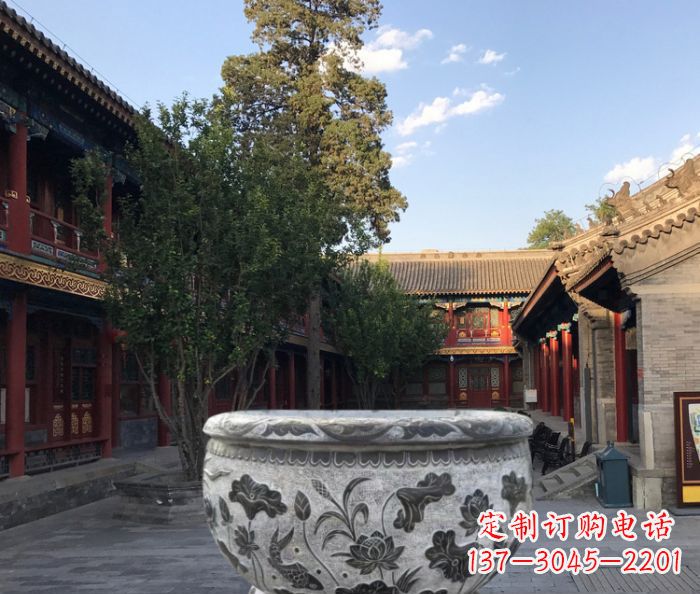 信阳连年有鱼石浮雕圆形荷花水缸