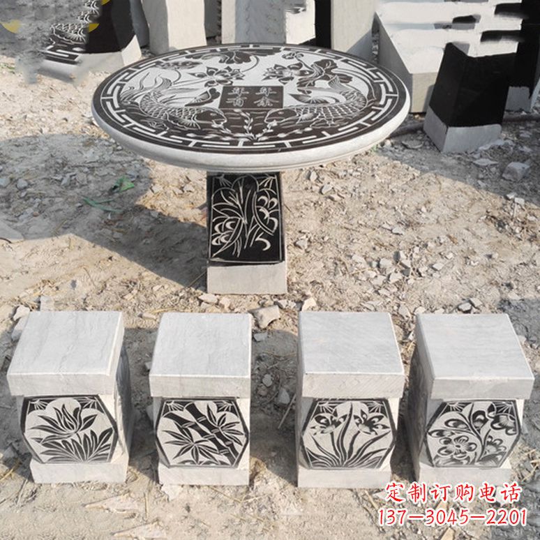 信阳梅兰竹菊仿古方石桌凳雕塑,古朴典雅