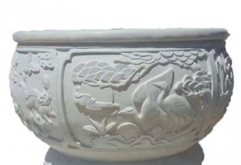 信阳汉白玉松鹤延年浮雕水缸，带给您无尽的岁月美景