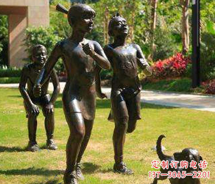 信阳宁夏中领雕塑推出的儿童铜雕跑步遛狗,一款…