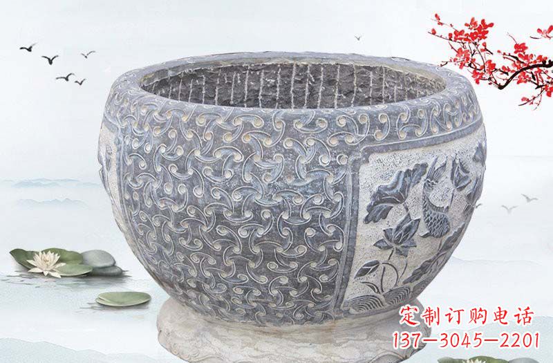 信阳青石仿古莲花鲤鱼浮雕水缸