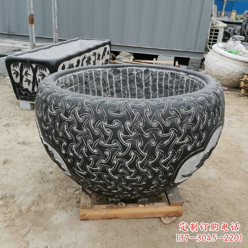 信阳青石复古风花盆雕塑
