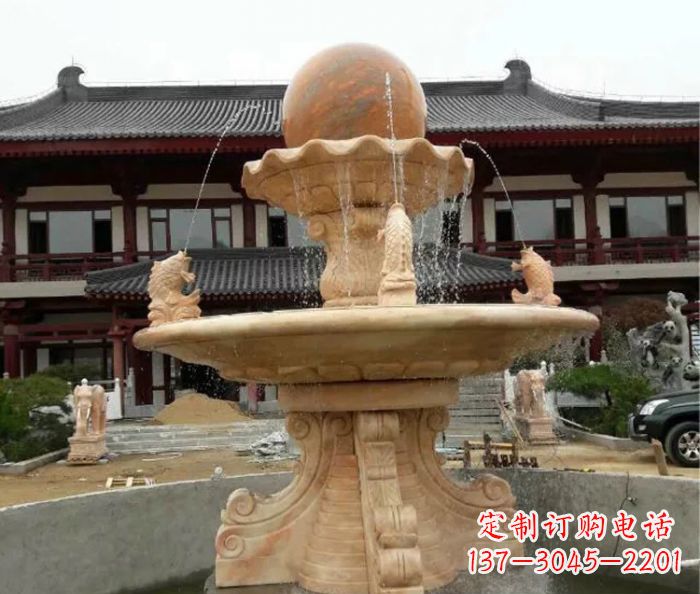 信阳双层风水球喷泉晚霞红石雕