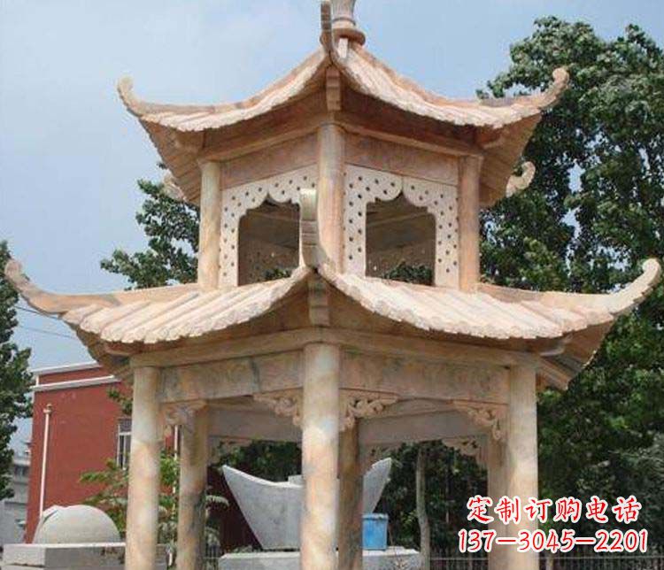 信阳双层晚霞红凉亭石雕