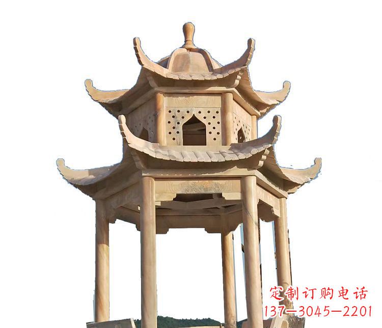 信阳双层晚霞红凉亭石雕 (2)