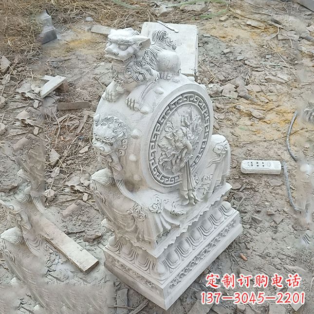 信阳双龙石雕门墩汉白玉狮子头