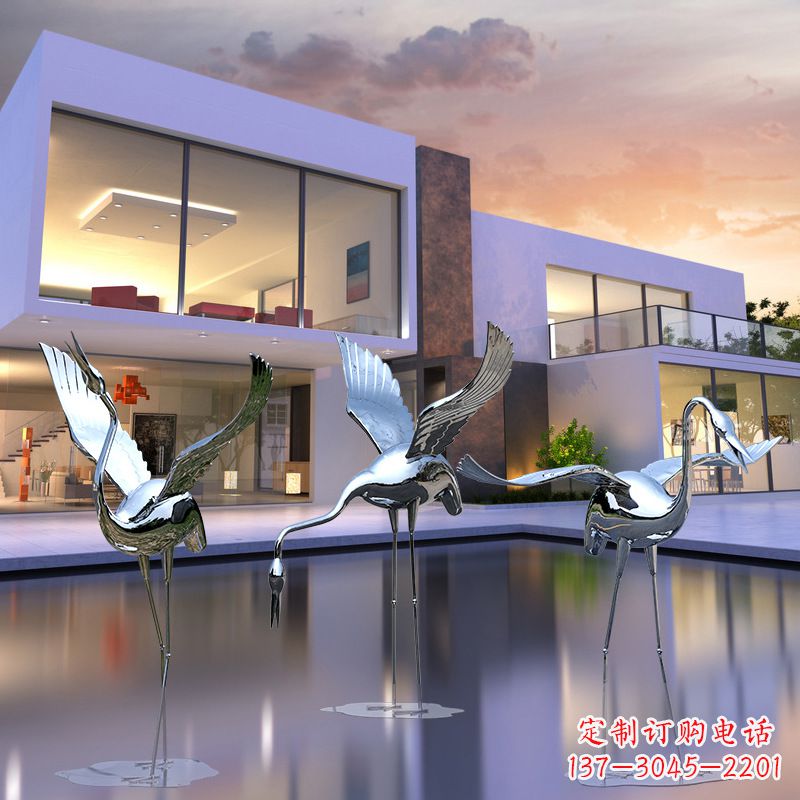 信阳水景仙鹤不锈钢镜面雕塑