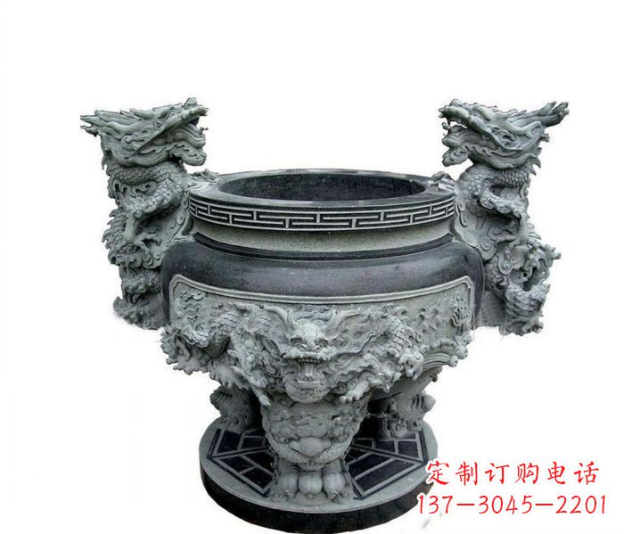 信阳寺庙景观龙头水缸石雕 (2)