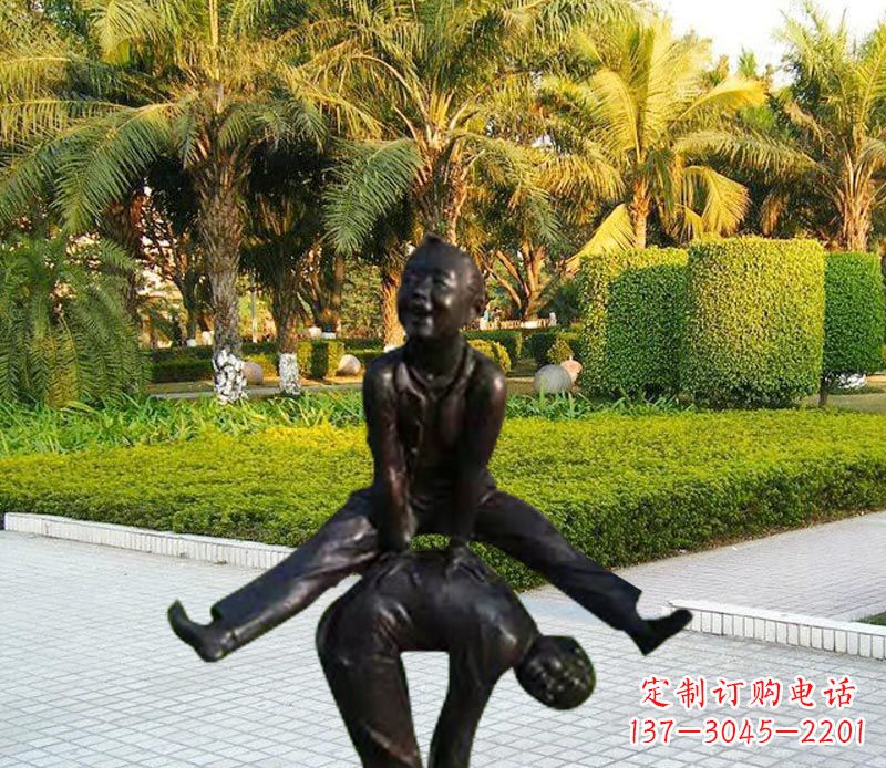 信阳跳山羊的儿童铜雕