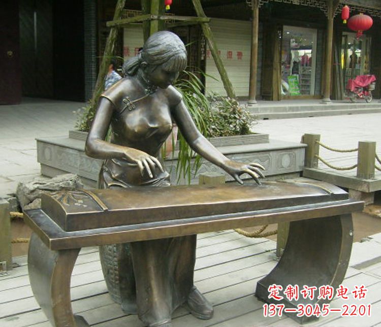 信阳铜雕现代人物弹古筝雕塑