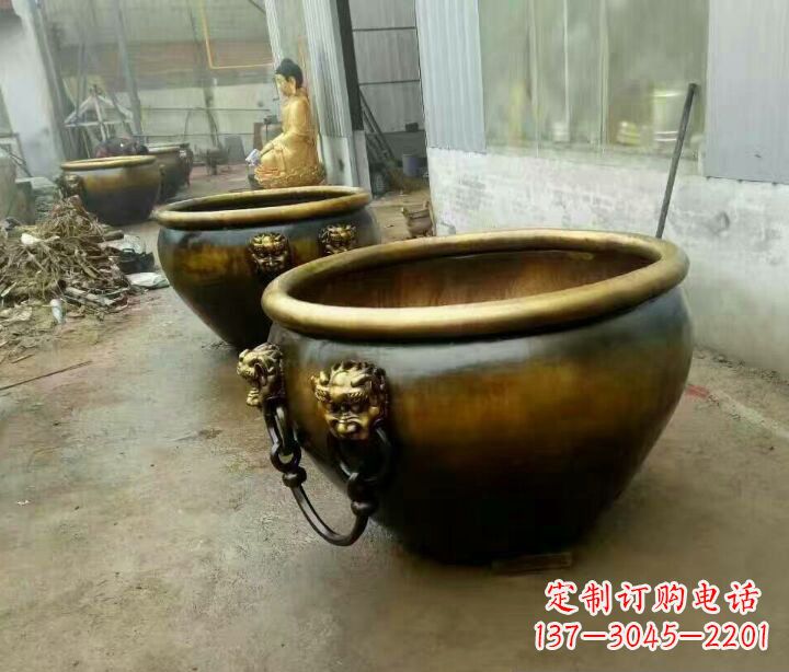 信阳铜雕圆形荷花水缸雕塑 (2)