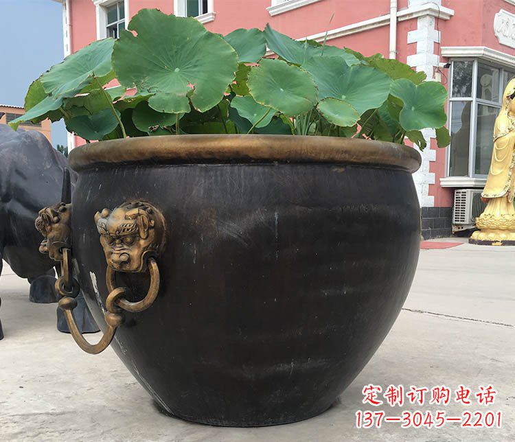 信阳铜雕圆形荷花水缸雕塑 (3)