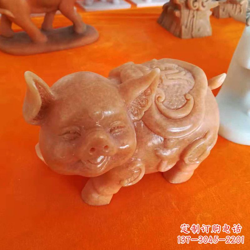 信阳晚霞红大理石招财猪雕塑-企业商场创意生肖动物风水摆件