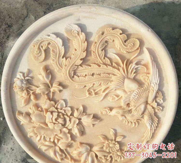 信阳晚霞红凤凰牡丹石浮雕