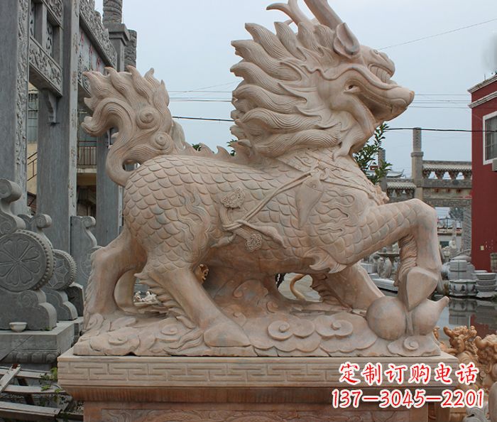 信阳晚霞红古代神兽麒麟石雕