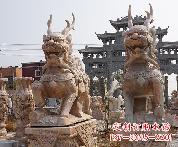 信阳晚霞红瑞兽麒麟石雕 (2)