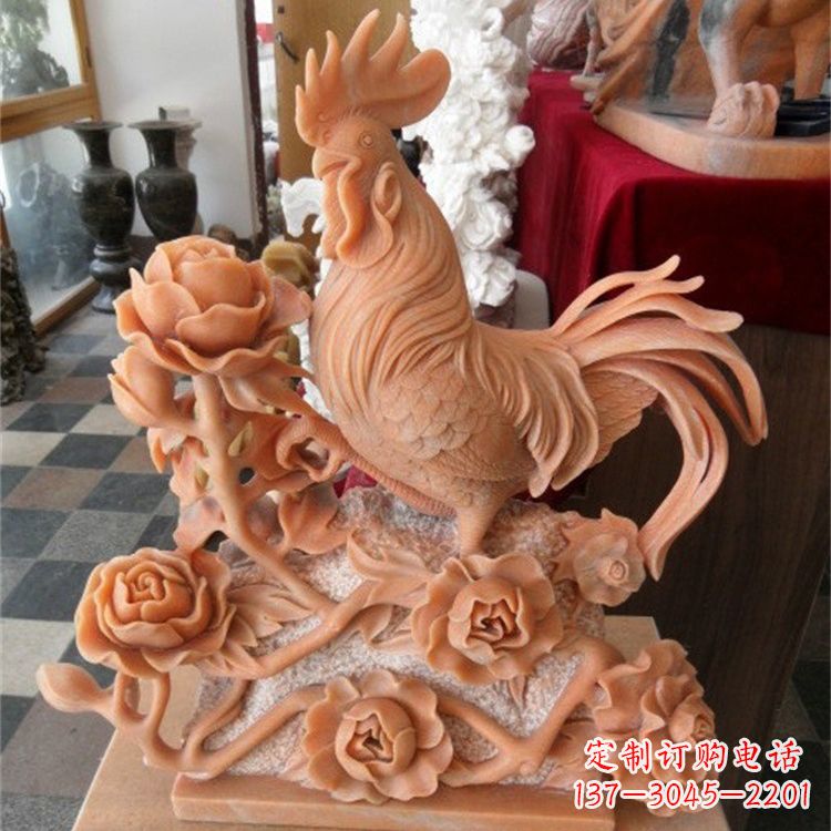 信阳晚霞红石雕公鸡雕塑