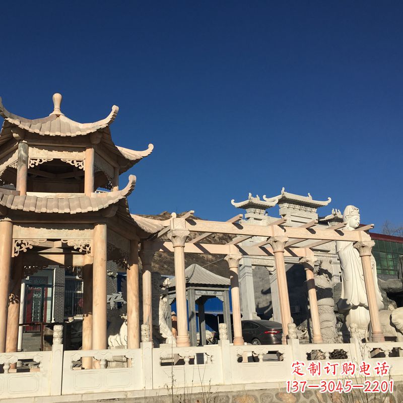 信阳晚霞红石雕凉亭花架