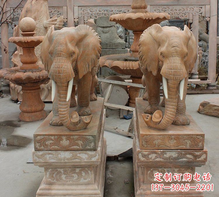 信阳晚霞红石雕元宝大象