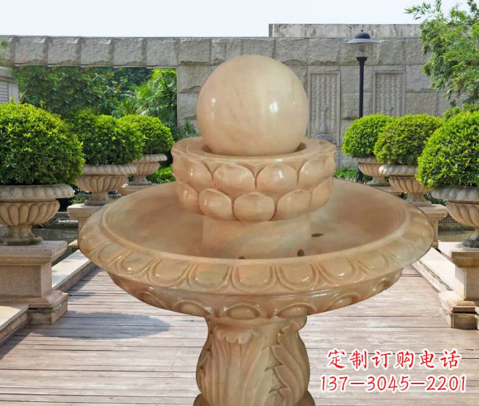 信阳晚霞红双层风水球公园喷泉石雕 (2)