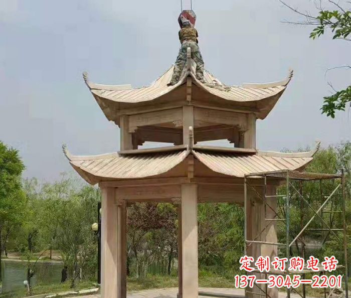 信阳晚霞红双层凉亭石雕 (2)
